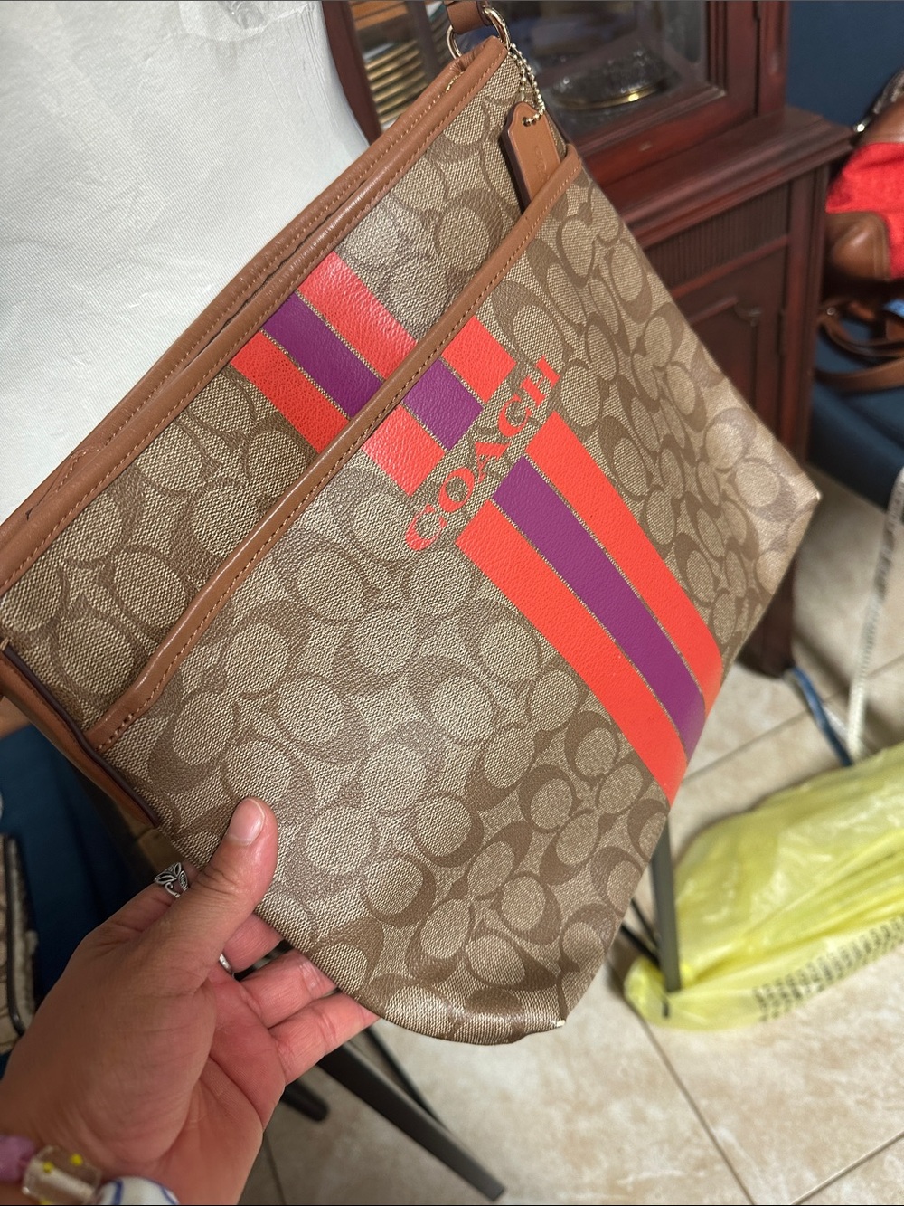 Coach Brown Signature Crossbody with Pink & Orange Center Stripe - Picture 5 of 9